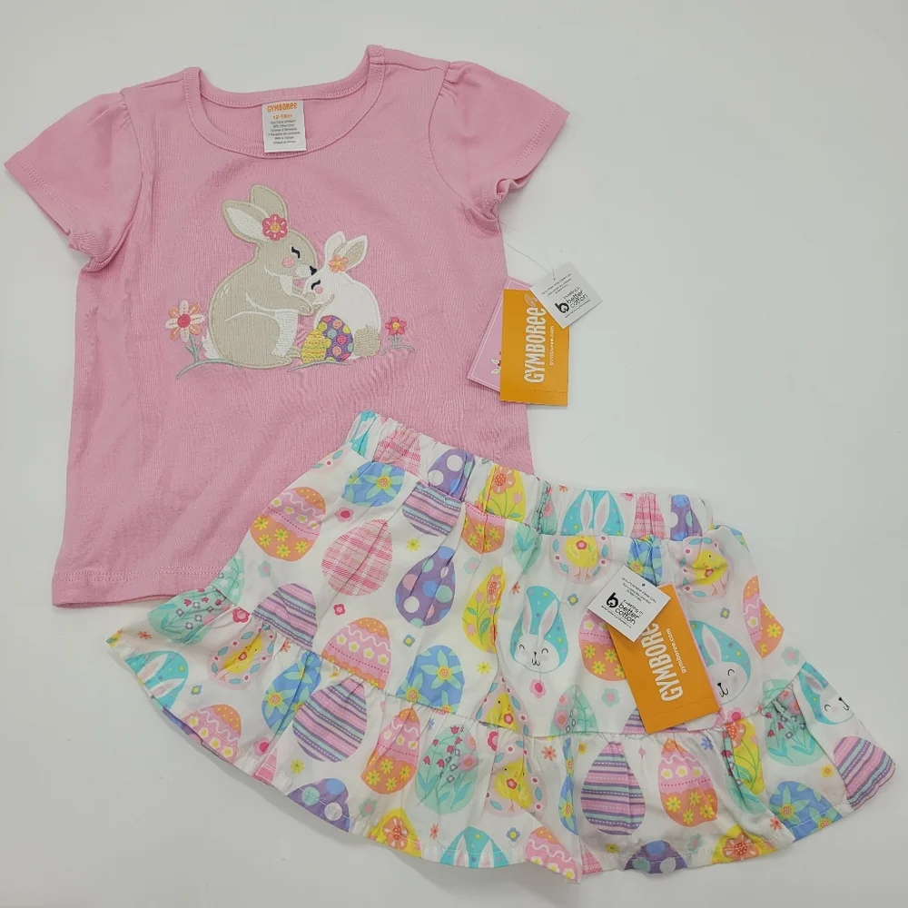 Gymboree Outfit Pink Bunny Tee Colorful Egg Skirt Embroidered Size 12-18mo NEW